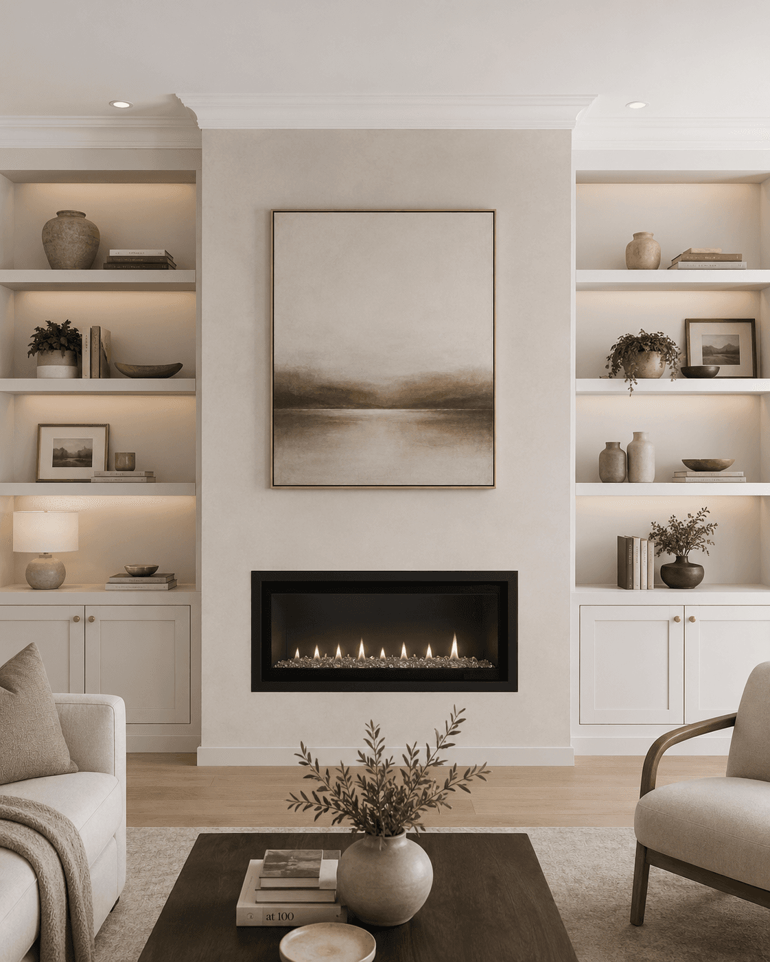 Tall fireplace wall with symmetrical illuminated shelves — Living Room, GUO Architecture